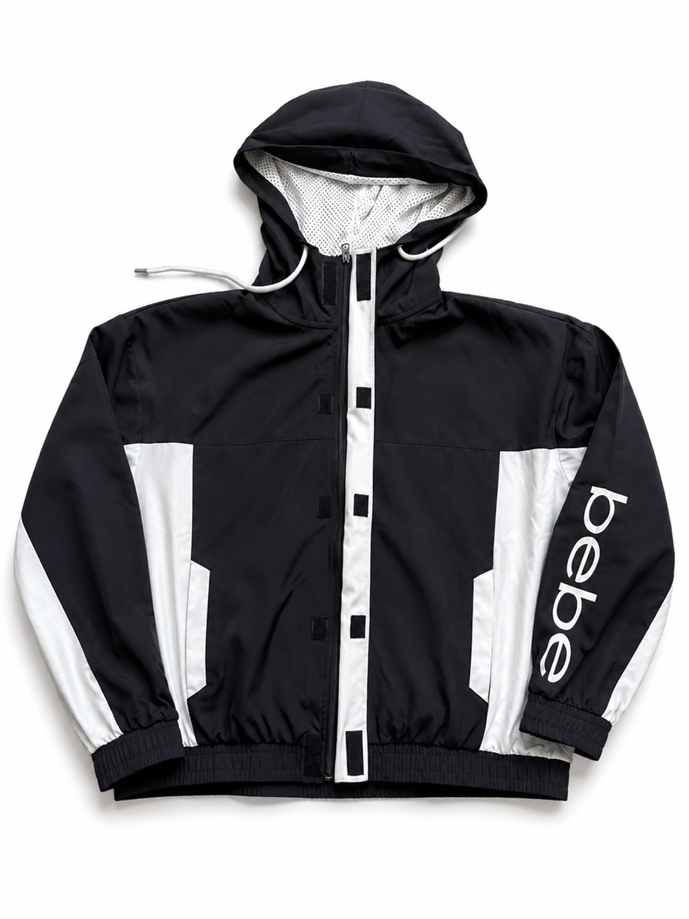 bebe Black and White Hooded Windbreaker with Logo Sleeve